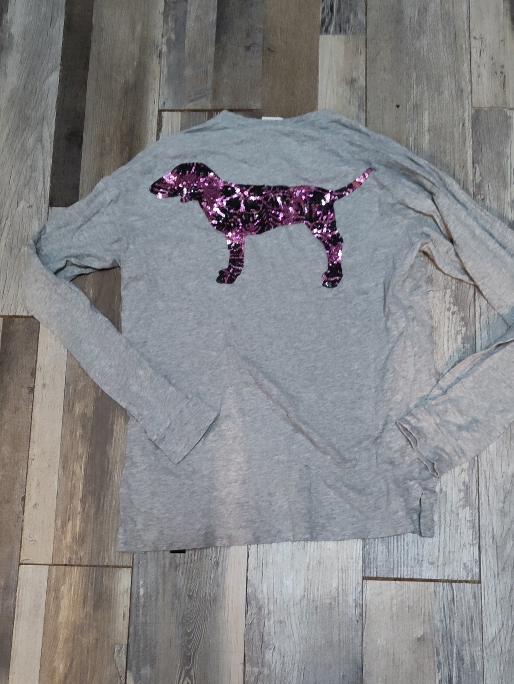 5/$25 SALE Pink Victoria's Secret XS Gray Long-Sleeve Tee with Pink Sequin Dog